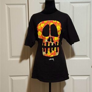 Vintage Stussy Black Tee with Floral Skull Design